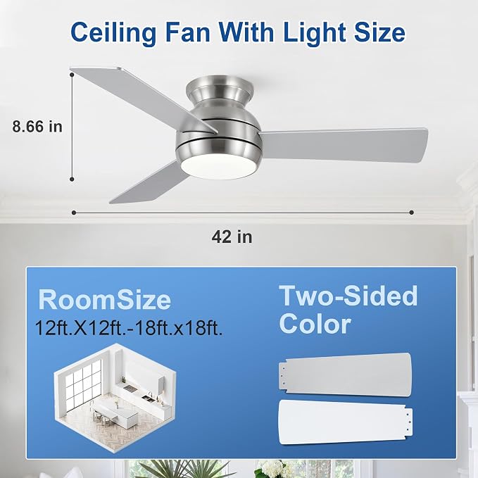 42 Inch Ceiling Fans with Lights and Remote, Brushed Nickel Low Profile Ceiling Fan with Light, Flush Mount, Reversible, 6