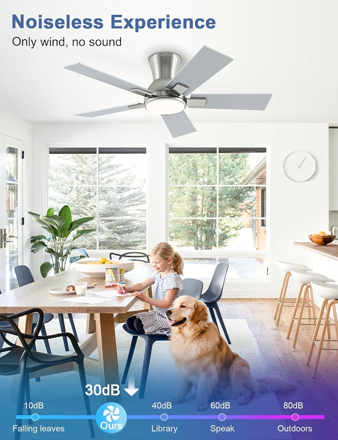 42 Inch Ceiling Fans with Lights and Remote, Brushed Nickel Flush Mount Low Profile Ceiling Fan for Bedroom, Patio