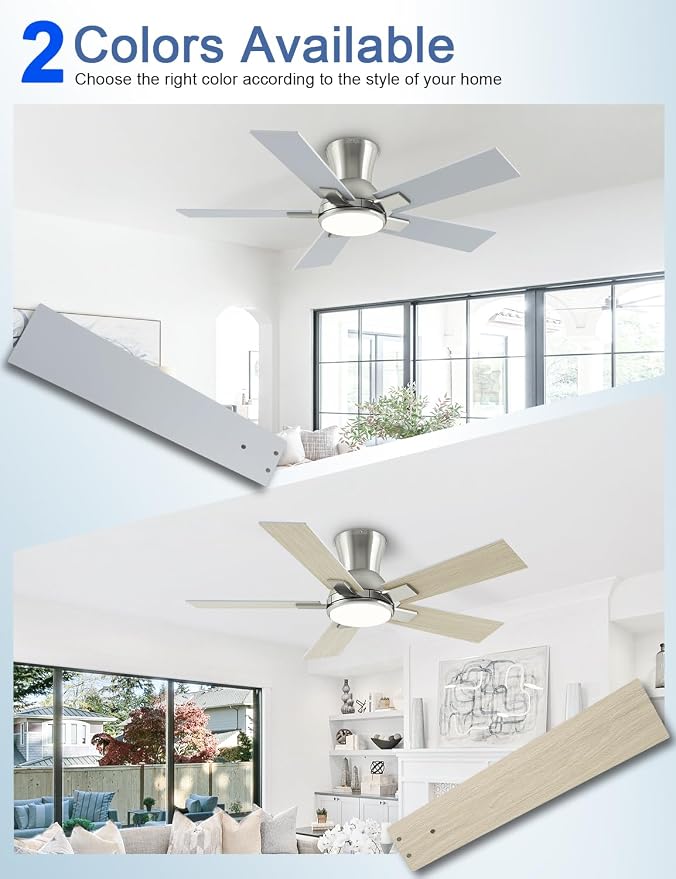 42 Inch Ceiling Fans with Lights and Remote, Brushed Nickel Flush Mount Low Profile Ceiling Fan for Bedroom, Patio