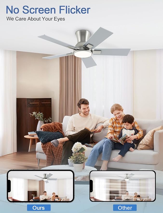 42 Inch Ceiling Fans with Lights and Remote, Brushed Nickel Flush Mount Low Profile Ceiling Fan for Bedroom, Patio