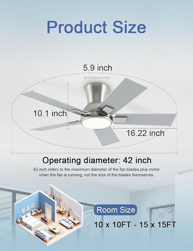 42 Inch Ceiling Fans with Lights and Remote, Brushed Nickel Flush Mount Low Profile Ceiling Fan for Bedroom, Patio