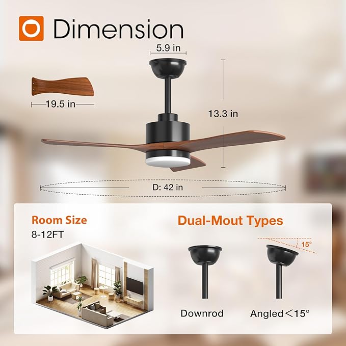 42 inch Ceiling Fans with Lights and Remote Control, Reversible, 3 Wood Blades, 6 Speeds, 3CCT Dimmable, Noiseless