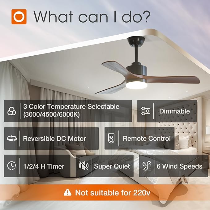 42 inch Ceiling Fans with Lights and Remote Control, Reversible, 3 Wood Blades, 6 Speeds, 3CCT Dimmable, Noiseless