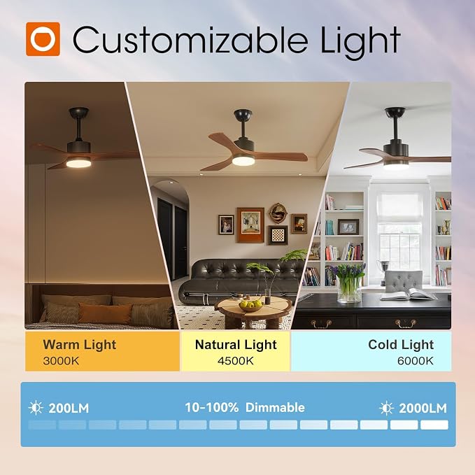 42 inch Ceiling Fans with Lights and Remote Control, Reversible, 3 Wood Blades, 6 Speeds, 3CCT Dimmable, Noiseless