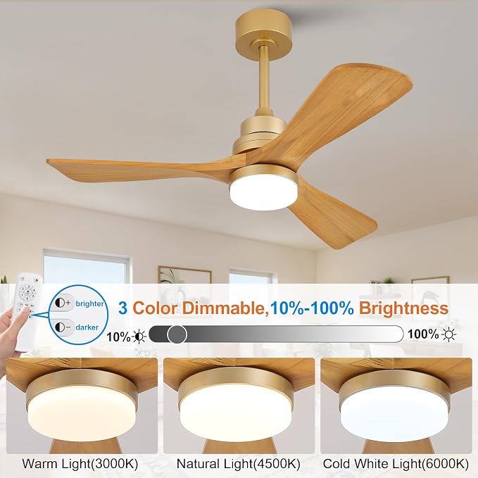 42 Inch Ceiling Fans with Lights and Remote, Dimmable LED Light, Quite Reversible DC Motor,Memory Function,Modern Solid Wood