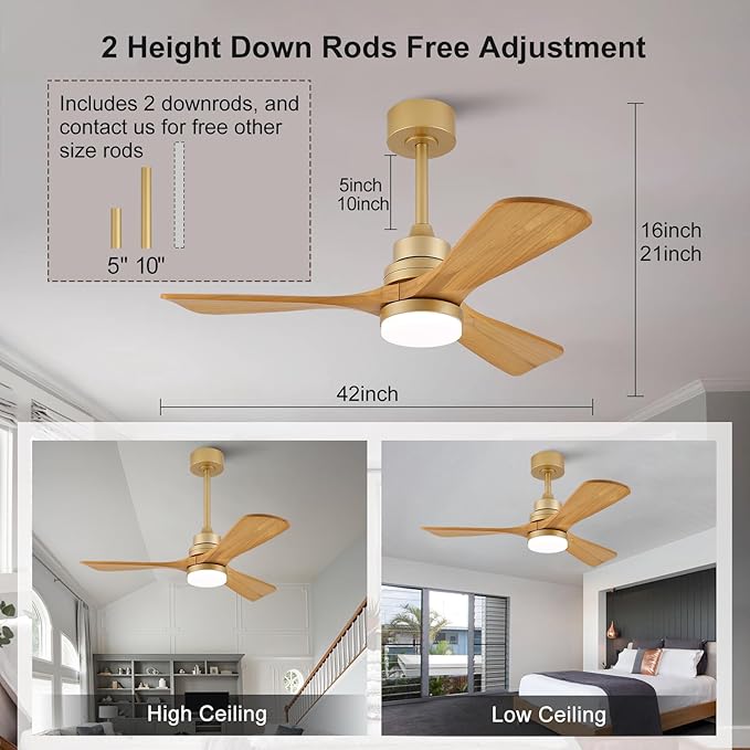 42 Inch Ceiling Fans with Lights and Remote, Dimmable LED Light, Quite Reversible DC Motor,Memory Function,Modern Solid Wood
