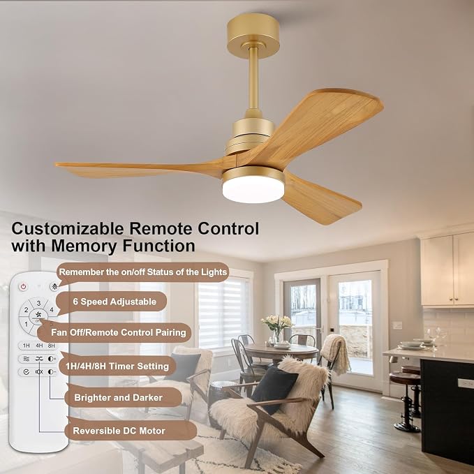 42 Inch Ceiling Fans with Lights and Remote, Dimmable LED Light, Quite Reversible DC Motor,Memory Function,Modern Solid Wood