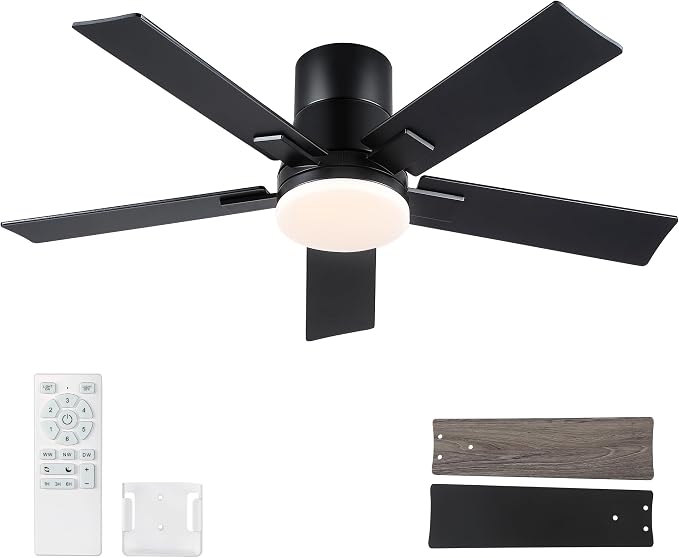 42 Inch Ceiling Fans with Lights and Remote, Flush Mount Black Ceiling Fan, 6 Speed Reversible DC Motor, 3CCT Dimmable