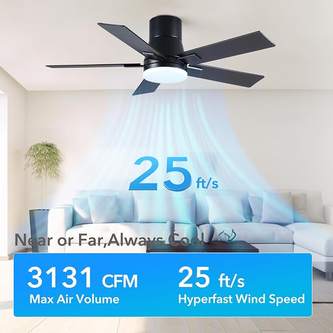 42 Inch Ceiling Fans with Lights and Remote, Flush Mount Black Ceiling Fan, 6 Speed Reversible DC Motor, 3CCT Dimmable