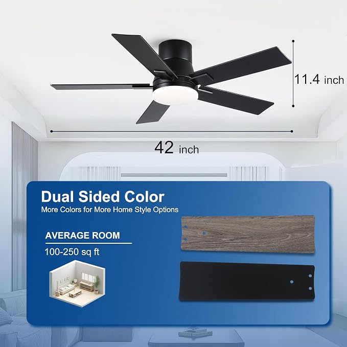 42 Inch Ceiling Fans with Lights and Remote, Flush Mount Black Ceiling Fan, 6 Speed Reversible DC Motor, 3CCT Dimmable