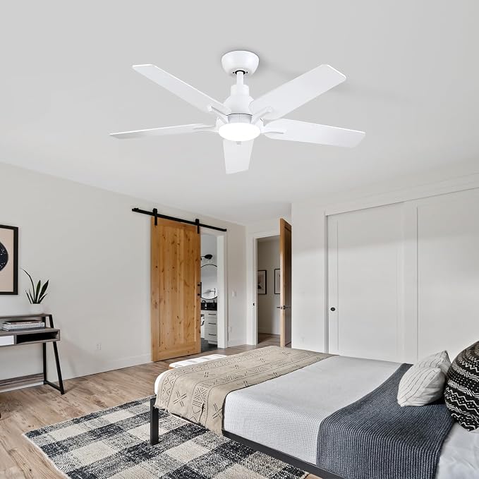 42 Inch Ceiling Fans with Lights and Remote, White Ceiling Fan, 5 Blade Modern Ceiling Fan for Bedroom, Living Room, Dining