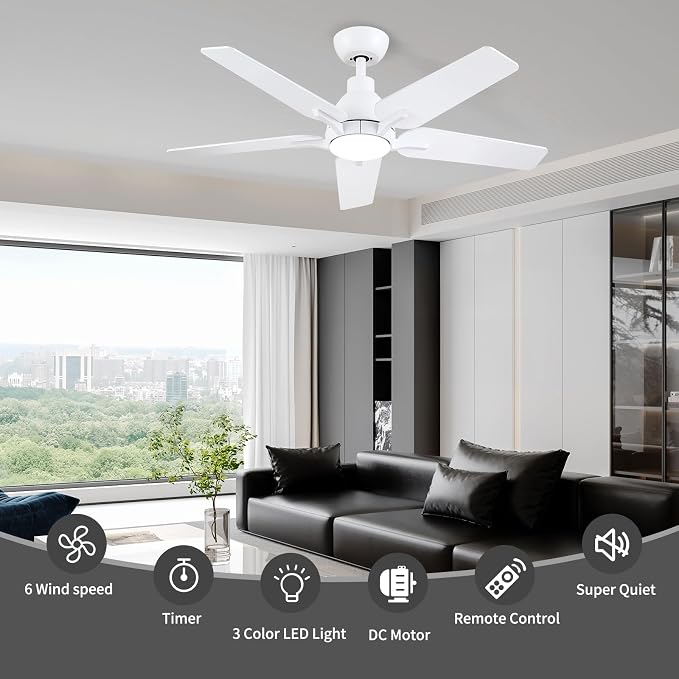 42 Inch Ceiling Fans with Lights and Remote, White Ceiling Fan, 5 Blade Modern Ceiling Fan for Bedroom, Living Room, Dining