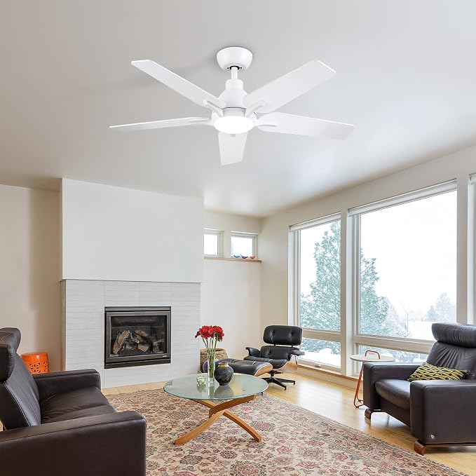 42 Inch Ceiling Fans with Lights and Remote, White Ceiling Fan, 5 Blade Modern Ceiling Fan for Bedroom, Living Room, Dining