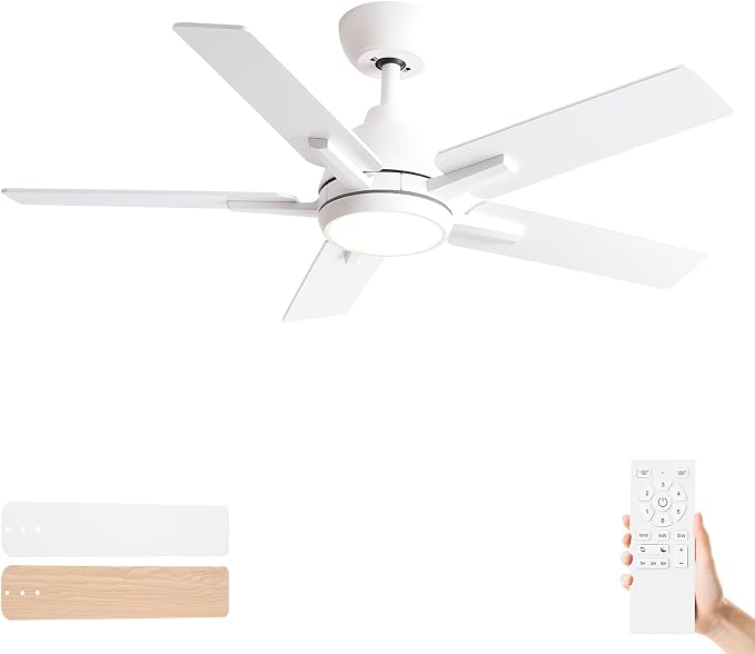 42 Inch Ceiling Fans with Lights and Remote, White Ceiling Fan with 5 Balde for Outdoor/Bedroom Living Room, Downrod, 6 Speed