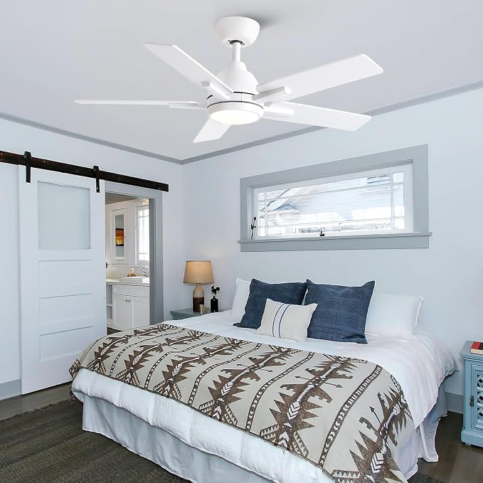 42 Inch Ceiling Fans with Lights and Remote, White Ceiling Fan with 5 Balde for Outdoor/Bedroom Living Room, Downrod, 6 Speed