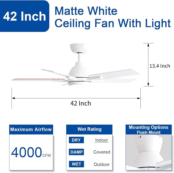 42 Inch Ceiling Fans with Lights and Remote, White Ceiling Fan with 5 Balde for Outdoor/Bedroom Living Room, Downrod, 6 Speed