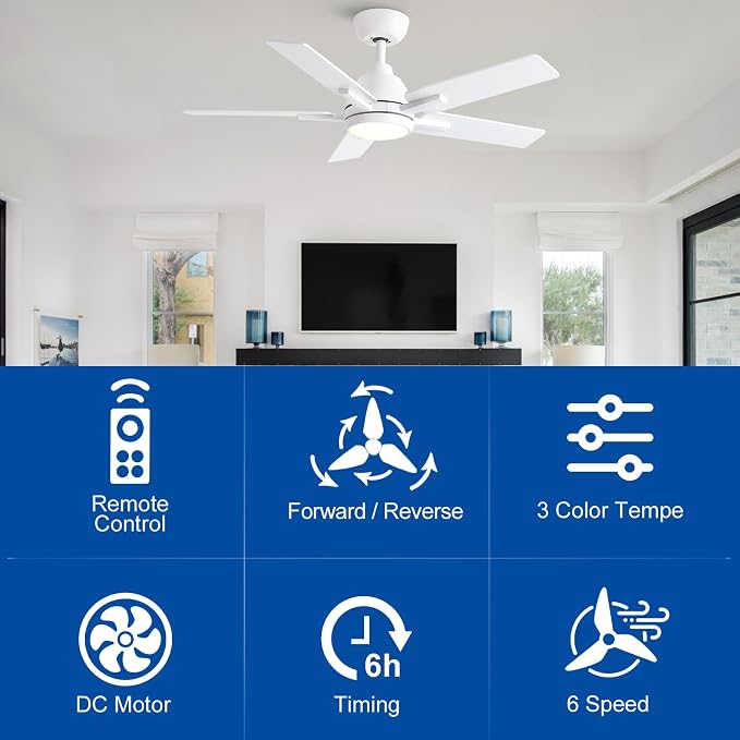 42 Inch Ceiling Fans with Lights and Remote, White Ceiling Fan with 5 Balde for Outdoor/Bedroom Living Room, Downrod, 6 Speed