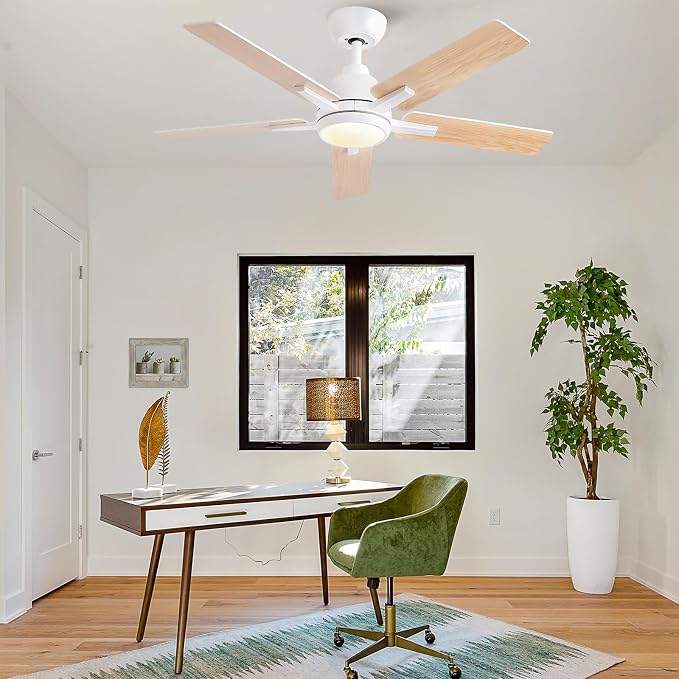 42 Inch Ceiling Fans with Lights and Remote, White Ceiling Fan with 5 Balde for Outdoor/Bedroom Living Room, Downrod, 6 Speed