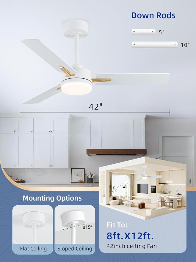 42 Inch Ceiling Fans with Lights, App&Remote Control, Low Profile Modern Ceiling Fan, 6 Speed, Reversible, 3000k-6500k