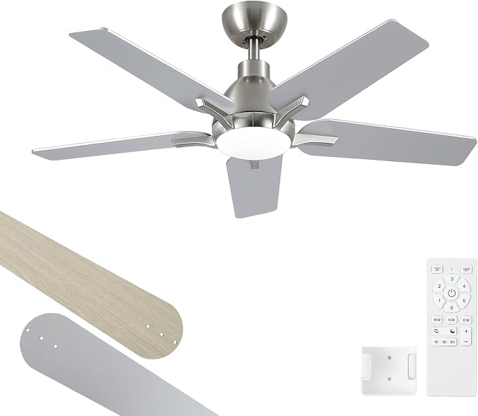 42 Inch Ceiling Fans with Lights, Brushed Nickel Ceiling Fan with Remote, Modern Ceiling Fan for Bedroom, Living Room, Dining