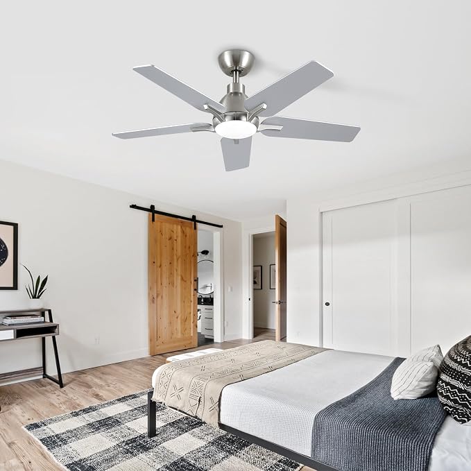 42 Inch Ceiling Fans with Lights, Brushed Nickel Ceiling Fan with Remote, Modern Ceiling Fan for Bedroom, Living Room, Dining