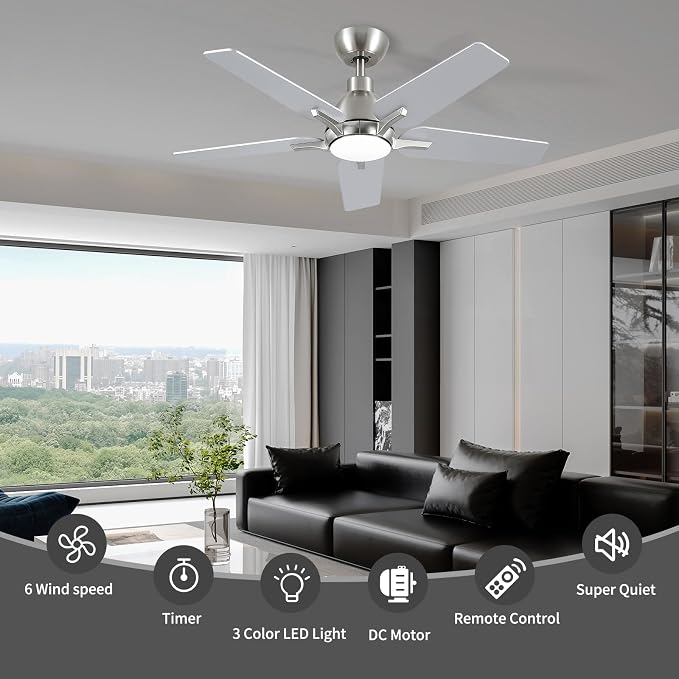 42 Inch Ceiling Fans with Lights, Brushed Nickel Ceiling Fan with Remote, Modern Ceiling Fan for Bedroom, Living Room, Dining