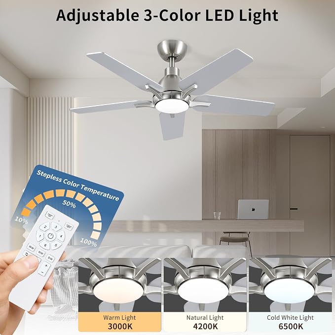 42 Inch Ceiling Fans with Lights, Brushed Nickel Ceiling Fan with Remote, Modern Ceiling Fan for Bedroom, Living Room, Dining