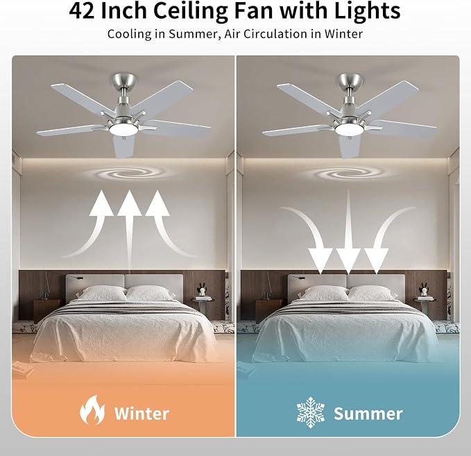 42 Inch Ceiling Fans with Lights, Brushed Nickel Ceiling Fan with Remote, Modern Ceiling Fan for Bedroom, Living Room, Dining