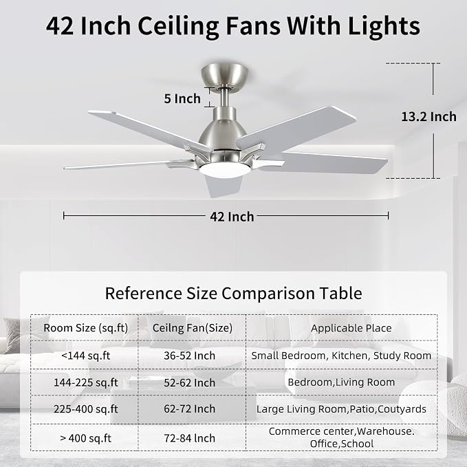 42 Inch Ceiling Fans with Lights, Brushed Nickel Ceiling Fan with Remote, Modern Ceiling Fan for Bedroom, Living Room, Dining