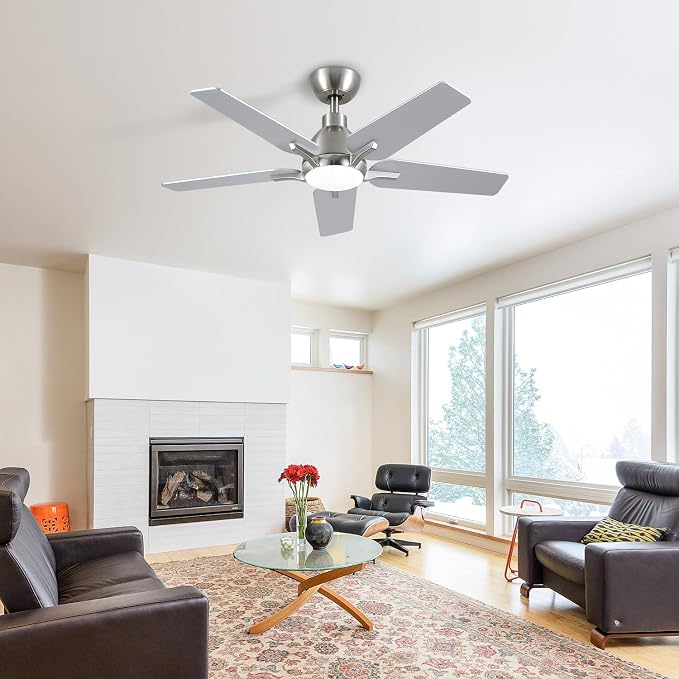 42 Inch Ceiling Fans with Lights, Brushed Nickel Ceiling Fan with Remote, Modern Ceiling Fan for Bedroom, Living Room, Dining