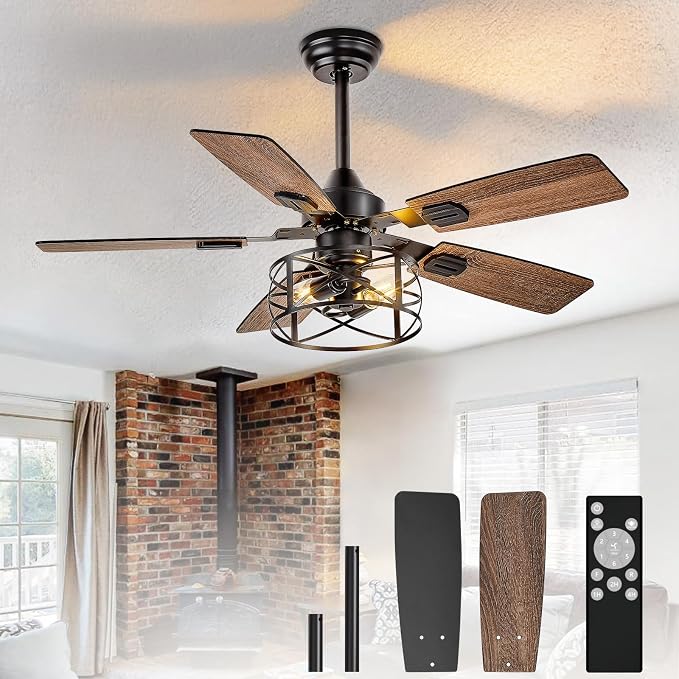 42-Inch Ceiling Fans with Lights: Caged Ceiling Fans Dual Finish 5 Blades - Rustic Ceiling Fan with Remote Control for
