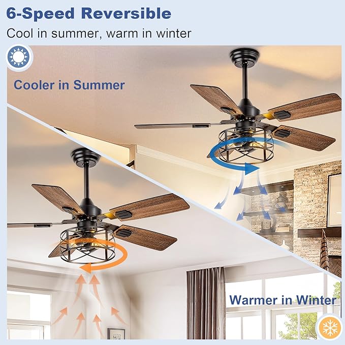 42-Inch Ceiling Fans with Lights: Caged Ceiling Fans Dual Finish 5 Blades - Rustic Ceiling Fan with Remote Control for