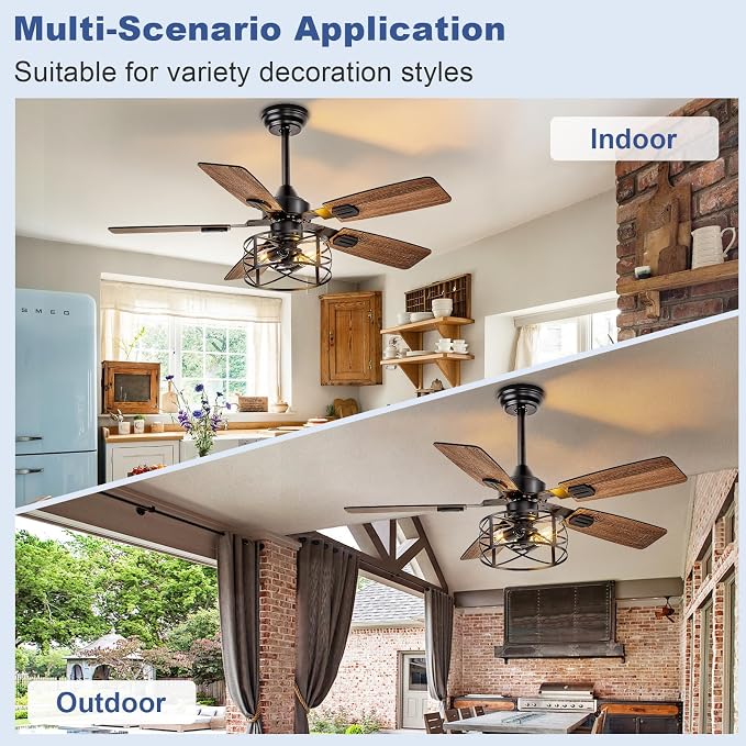 42-Inch Ceiling Fans with Lights: Caged Ceiling Fans Dual Finish 5 Blades - Rustic Ceiling Fan with Remote Control for