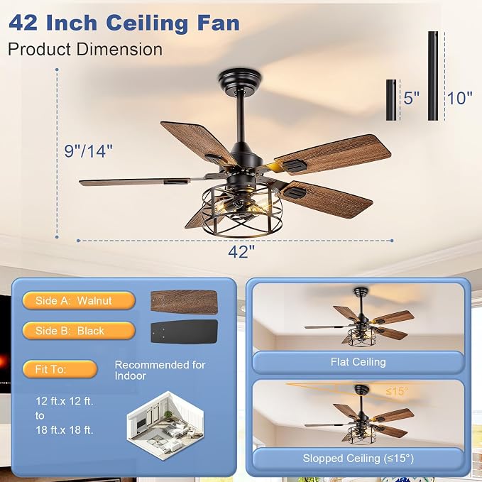 42-Inch Ceiling Fans with Lights: Caged Ceiling Fans Dual Finish 5 Blades - Rustic Ceiling Fan with Remote Control for
