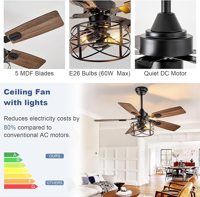 42-Inch Ceiling Fans with Lights: Caged Ceiling Fans Dual Finish 5 Blades - Rustic Ceiling Fan with Remote Control for