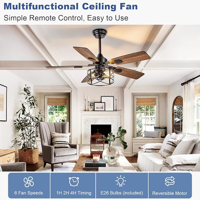 42-Inch Ceiling Fans with Lights: Caged Ceiling Fans Dual Finish 5 Blades - Rustic Ceiling Fan with Remote Control for