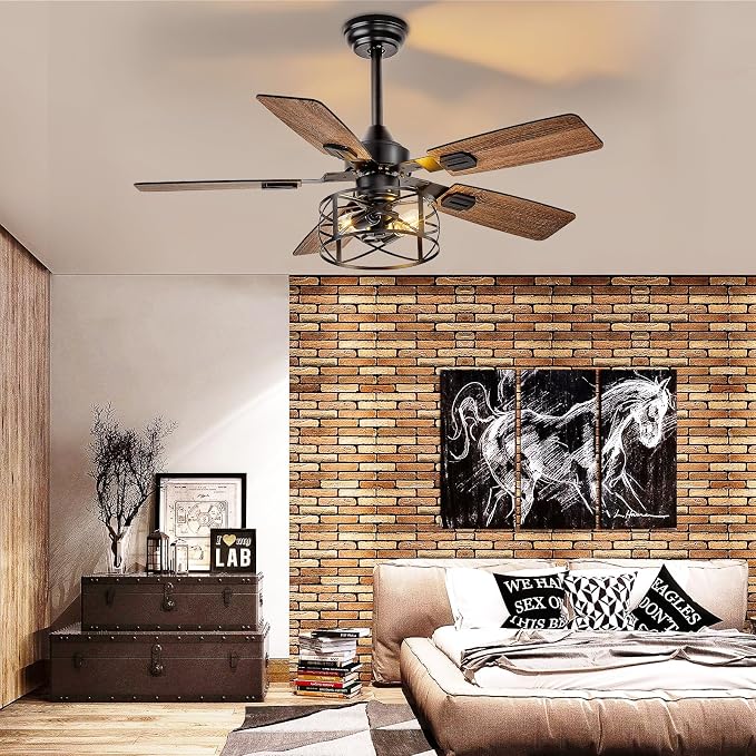 42-Inch Ceiling Fans with Lights: Caged Ceiling Fans Dual Finish 5 Blades - Rustic Ceiling Fan with Remote Control for