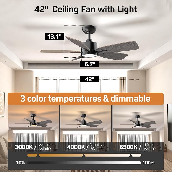 42 Inch Ceiling Fans with Lights Led Remote Control Low Profile Flush Mount for Bedroom Home Outdoor Patio Living Room,3