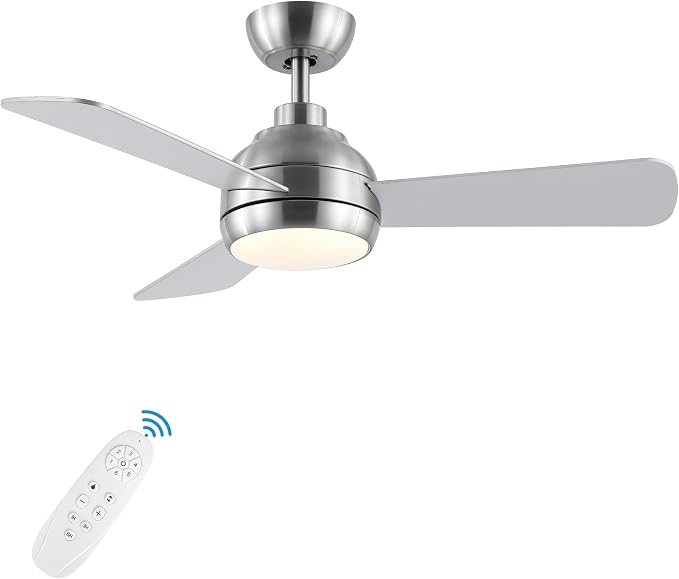 42 Inch Ceiling Fans with Lights, Modern Brushed Nickel Ceiling Fan with Light and Remote, DC Reversible, 3 blades 6 Speeds