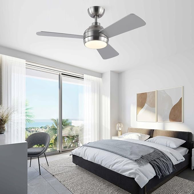 42 Inch Ceiling Fans with Lights, Modern Brushed Nickel Ceiling Fan with Light and Remote, DC Reversible, 3 blades 6 Speeds