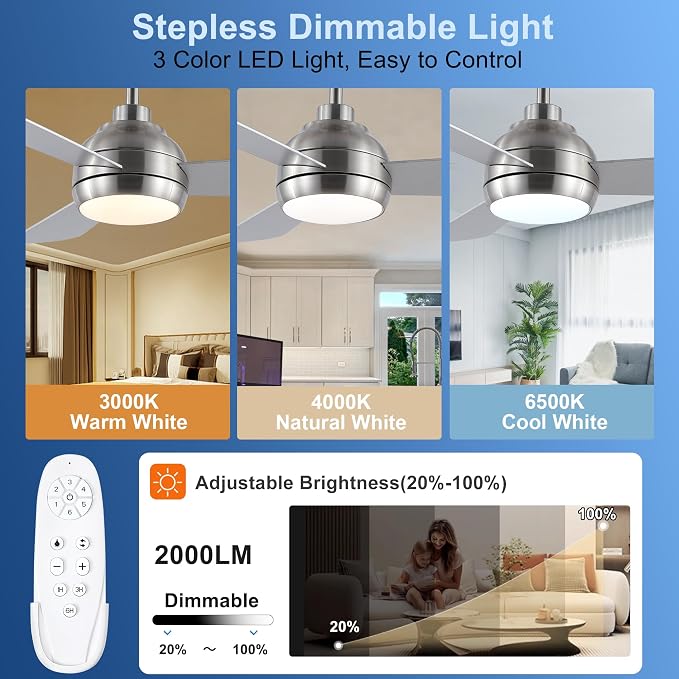 42 Inch Ceiling Fans with Lights, Modern Brushed Nickel Ceiling Fan with Light and Remote, DC Reversible, 3 blades 6 Speeds