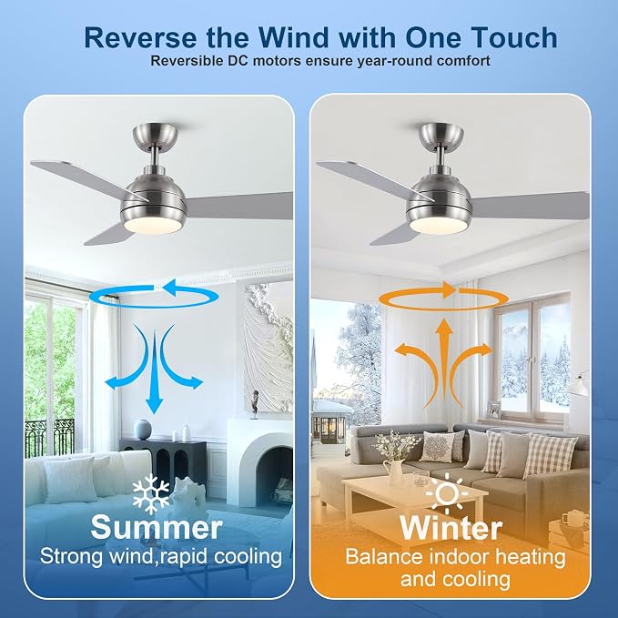 42 Inch Ceiling Fans with Lights, Modern Brushed Nickel Ceiling Fan with Light and Remote, DC Reversible, 3 blades 6 Speeds