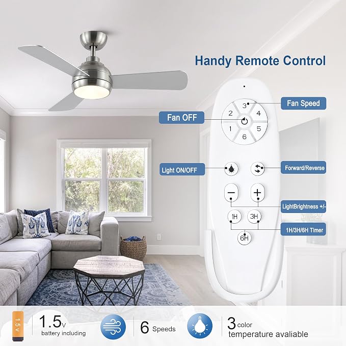 42 Inch Ceiling Fans with Lights, Modern Brushed Nickel Ceiling Fan with Light and Remote, DC Reversible, 3 blades 6 Speeds