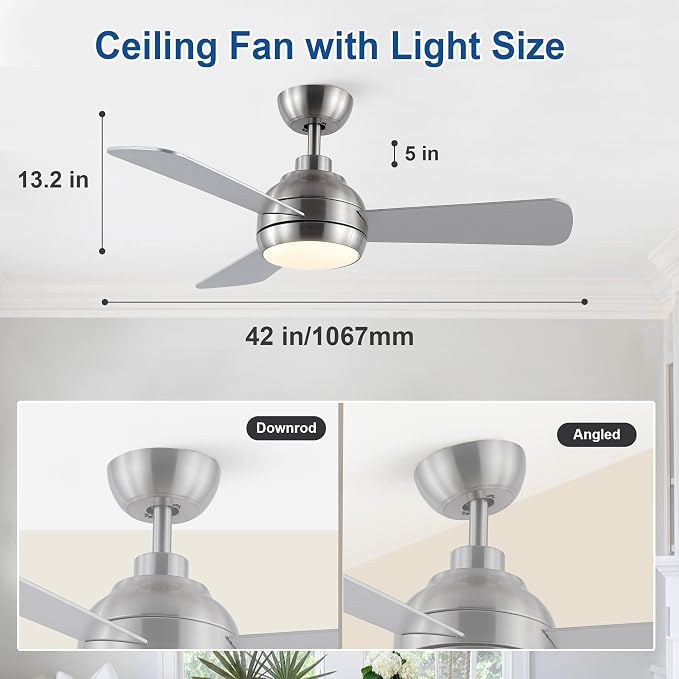 42 Inch Ceiling Fans with Lights, Modern Brushed Nickel Ceiling Fan with Light and Remote, DC Reversible, 3 blades 6 Speeds