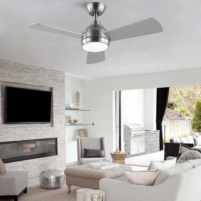 42 Inch Ceiling Fans with Lights, Modern Brushed Nickel Ceiling Fan with Light and Remote, DC Reversible, 3 blades 6 Speeds