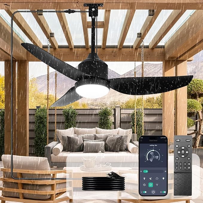 42-Inch Ceiling Fans with Lights: Outdoor Black Waterproof Ceiling Fan for Patios - Plug in Gazebo Fans with Remote Control