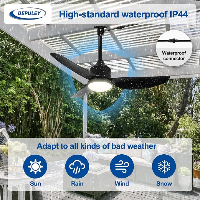 42-Inch Ceiling Fans with Lights: Outdoor Black Waterproof Ceiling Fan for Patios - Plug in Gazebo Fans with Remote Control