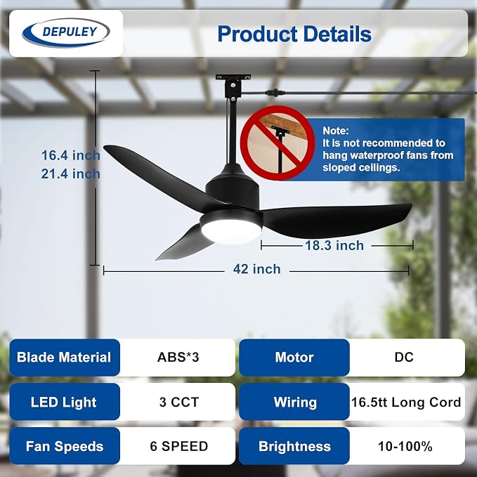 42-Inch Ceiling Fans with Lights: Outdoor Black Waterproof Ceiling Fan for Patios - Plug in Gazebo Fans with Remote Control