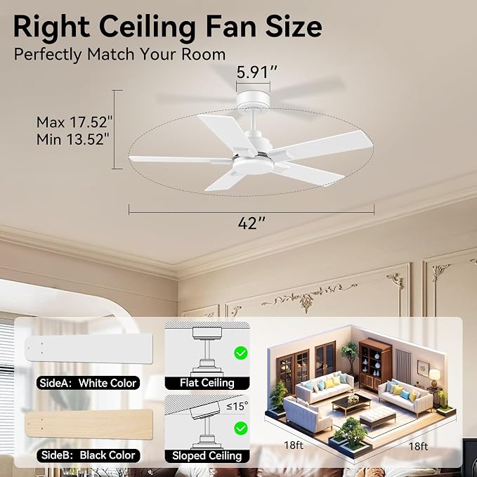 42 Inch Ceiling Fans with Lights, with Light and Remote Control,Alexa,APP,White Indoor Outdoor Ceiling Fans