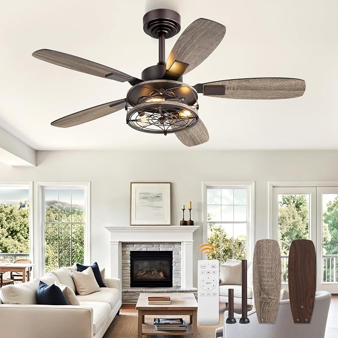 42 Inch Farmhouse Ceiling Fan with Light and Remote, Oil Bronze Industrial Flush Mount Ceiling Fans with 6 Speed Reversible